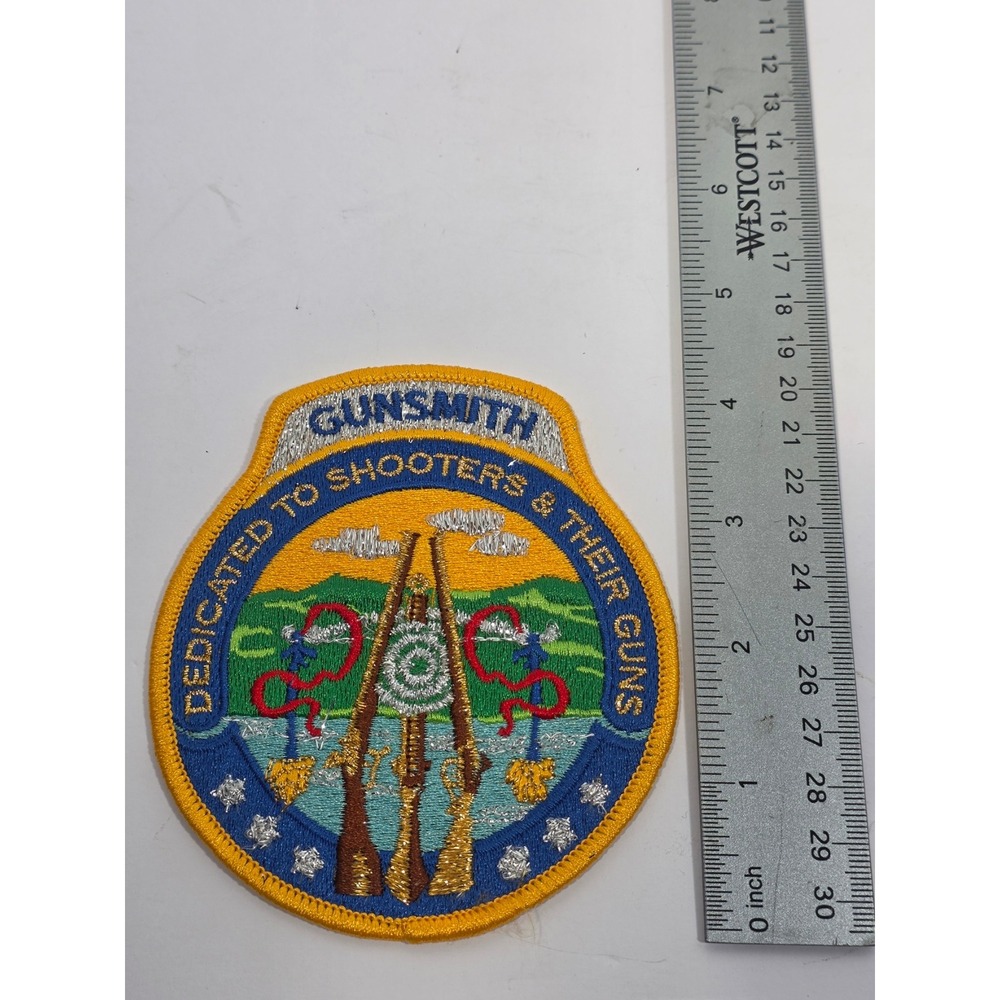 Vintage Gunsmith Patch Dedicated To Shooters 4.5in Yellow Blue 70s Workwear Vibe - Picture 2 of 3